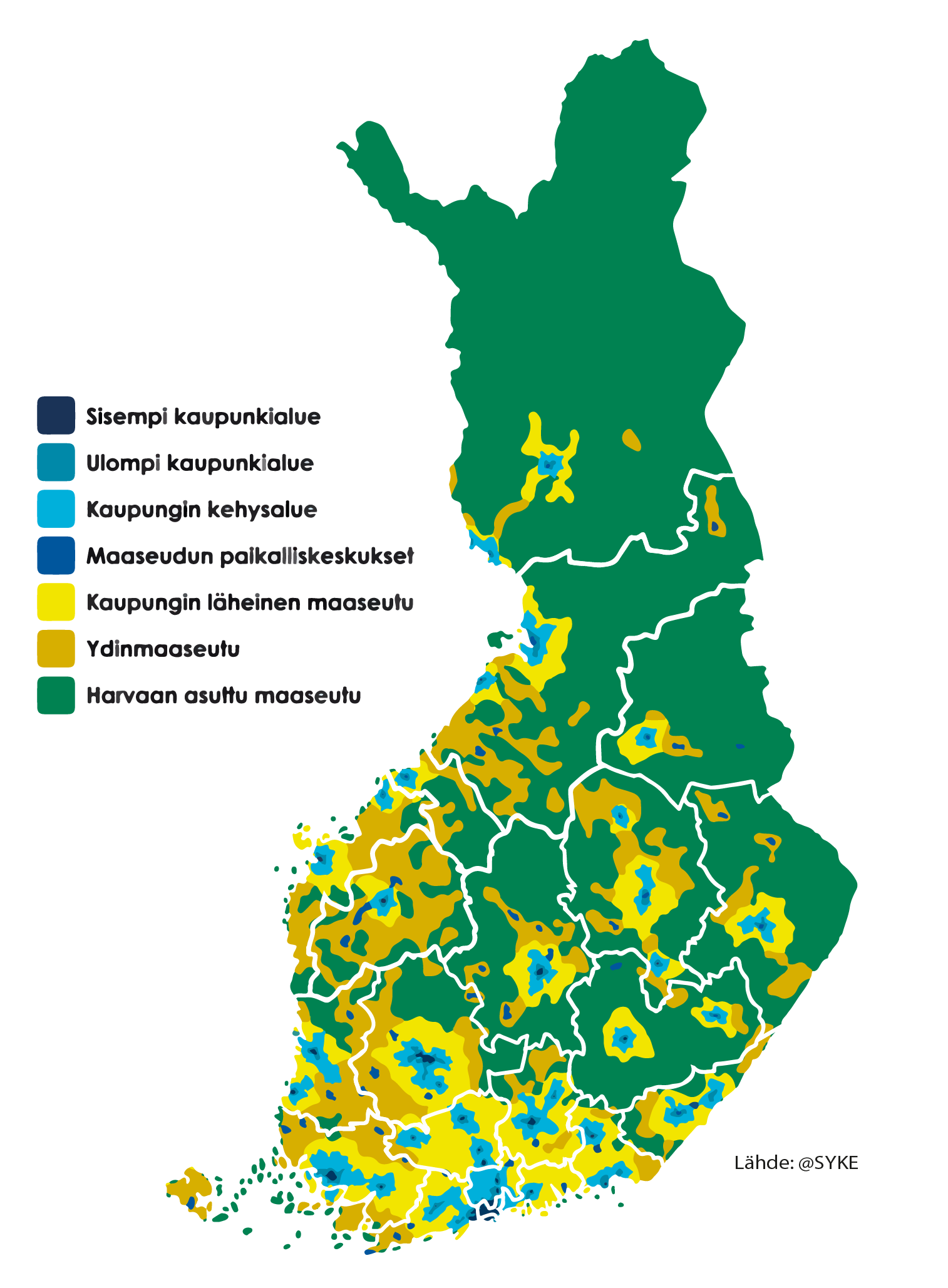 Kaupunki-maaseutu-luokitus hyvinvointialuerajauksilla (karttalähde @SYKE)